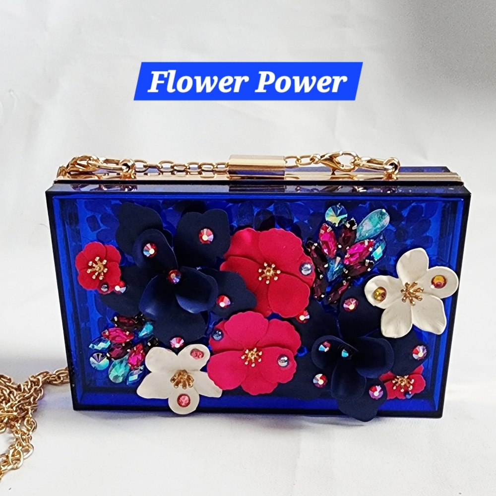 STUNNING BAG!  Flower Power Blue Acrylic Clutch w 3D Flowers